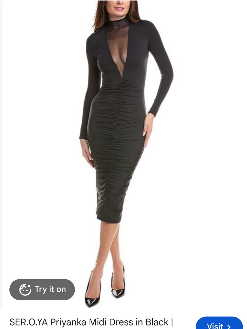 SER.O.YA Black Priyanka Mesh V-Cut Ruched Bodycon Midi Dress Size X